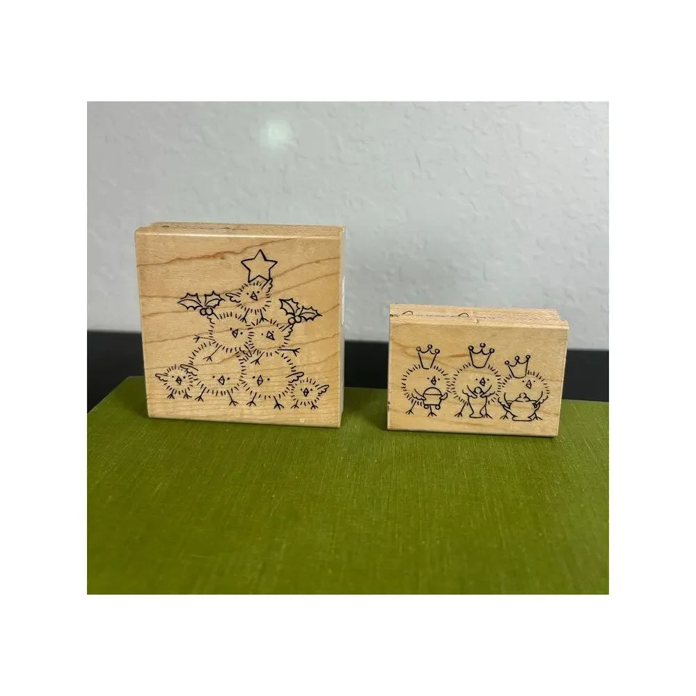 Vtg Wooden Rubber Stamps- Chicks Tree- wise chick- Set of Two- 3x3